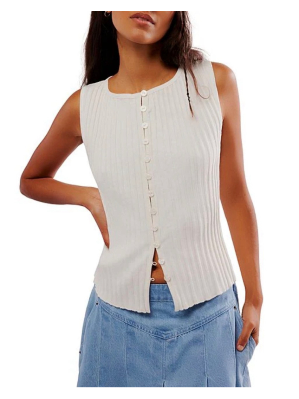 Free People Tilly Vest XL Ivory Ribbed Button Front Sleeveless Stretch Top